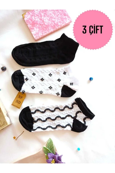3 ÇİFT PATİK BURUN DİKİŞSİZ ÇORAP YUMUŞAK PAMUKLU KISA KONÇ DESENLİ KADIN ÇORABI 36-40 ürün görseli 1