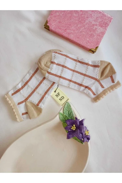 2 ÇİFT PATİK ÇORAP DİKİŞSİZ PAMUKLU KISA KONÇ DESENLİ KADIN ÇORABI 36-40 KAHVERENGİ BEYAZ - Resim 6