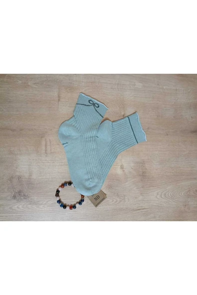 KURDELE TAŞLI LASTİKSİZ KOKULU LİKRALI KISAKONÇ  ÇORAP DİKİŞSİZ PAMUKLU AÇIKYEŞİL KADIN ÇORABI - Resim 3