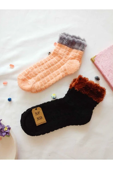 2 ÇİFT TAY TÜYÜ TERS HAVLU PATİK ÇORABI KABARTMALI KOKULU YILBAŞI HEDİYE SİYAH TURUNCU ÇORAP 36-40 - Resim 6