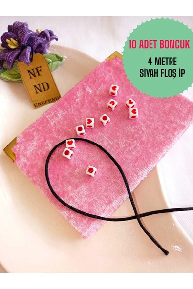 4m SİYAH FLOŞ İP SİYAH 10 ADET KALPLİ KARE BONCUK SERT PLASTİK TAKI APARATI HEDİYE DELİKLİ KIRMIZI ürün görseli 1