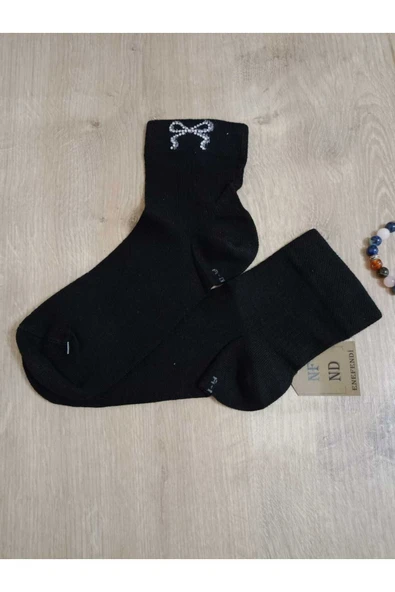 KISAKONÇ KURDELE TAŞLI ÇORAP KOKULU  LİKRALI  DİKİŞSİZ PAMUKLU SİYAH KADIN ÇORABI 36-40 ürün görseli 1