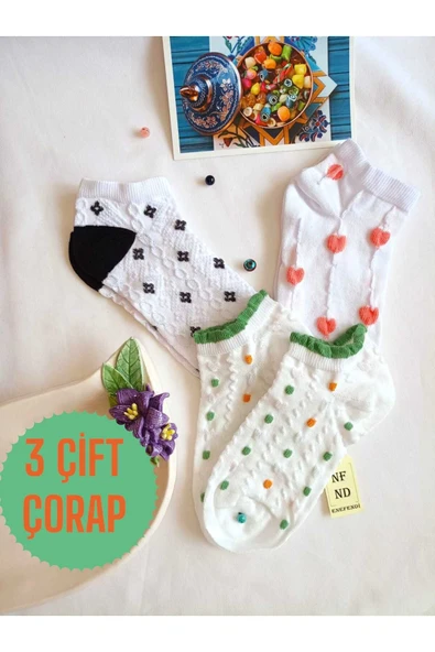 3 ÇİFT PATİK ÇORAP DİKİŞSİZ KADIN PAMUKLU KISA KONÇ 3D DESENLİ KABARTMALI ÇORABI 36-40 ürün görseli 1