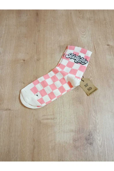 PEMBE KARE DESENLİ PAMUKLU YUMUŞAK ÇORAP ARAKONÇ KADIN KREM PEMBE SOKET ÇORABI 36-40 - Resim 6