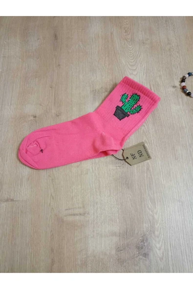Dikişsiz Kaktüs Desenli Pamuklu Yumuşak Çorap Kaktüslü Arakonç Kadın Pembe Soket Çorabı 36-40 - Resim 2