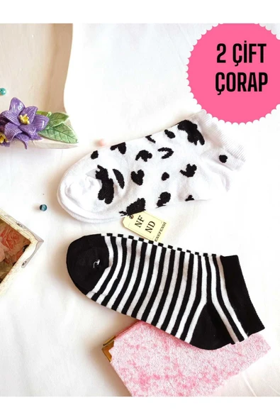 2 ÇİFT ÇORAP PAMUKLU BURUN DİKİŞSİZ KISA KONÇ PATİK DESENLİ KADIN ÇORABI 36-40 SİYAH BEYAZ ürün görseli 1