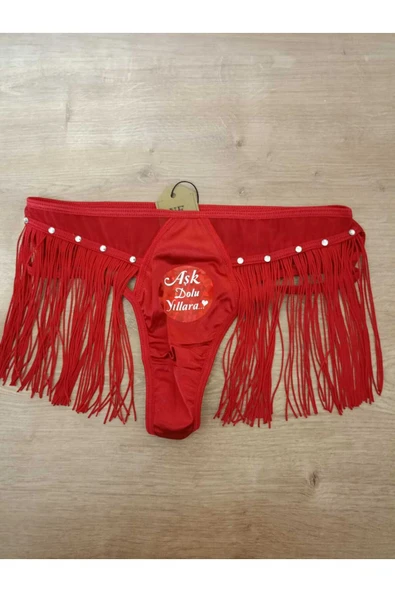 Kırmızı Taşlı Püsküllü Saçaklı Yılbaşı Noel Külot-tanga Iççamaşırı 38 40 Beden - Resim 2