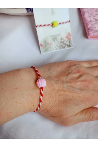 Pembe Boncuklu Marteniçka Bileklik Şans Arkadaş Sevgili Eş Çocuk Hediye Bahar Bilekliği Kartlı. - Resim 2