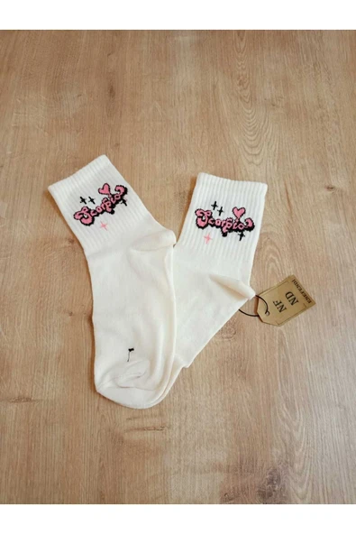 DESENLİ PAMUKLU YUMUŞAK ÇORAP ARAKONÇ KADIN EKRU KREM SOKET ÇORABI 36-40 - Resim 2