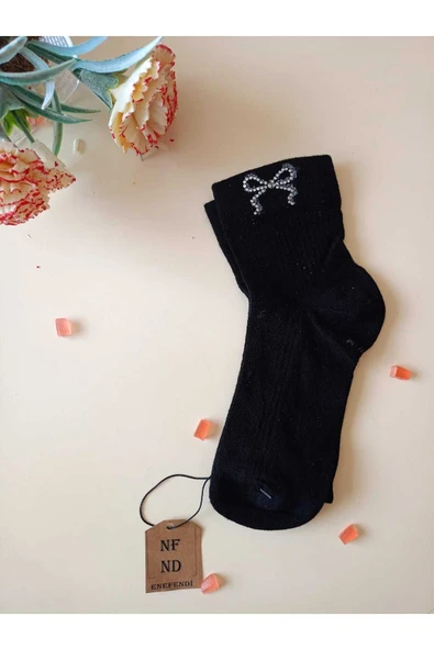 2 ÇİFT KURDELE TAŞLI  PAMUKLU BURUN DİKİŞSİZ LİKRALI KOKULU KISA KONÇ ÇORAP SİYAH KADIN ÇORABI 36-40 - Resim 3