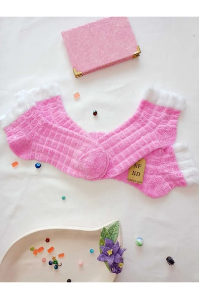 2 ÇİFT TAY TÜYÜ TERS HAVLU PATİK ÇORABI KABARTMALI KOKULU YILBAŞI HEDİYE SİYAHGRİ PEMBE ÇORAP 36-40 - Resim 4