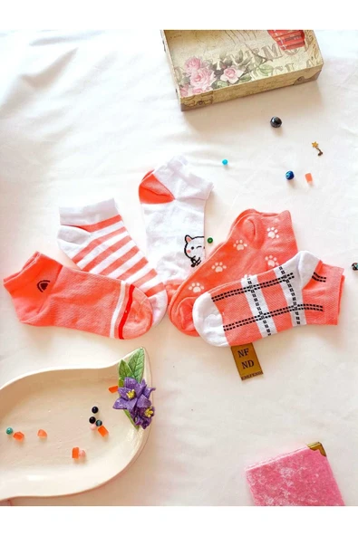 BURUN DİKİŞSİZ PATİK ÇORAP  PAMUKLU KISA KONÇ DESENLİ KADIN ÇORABI 36-40 TEK ADET PEMBE BEYAZ - Resim 6