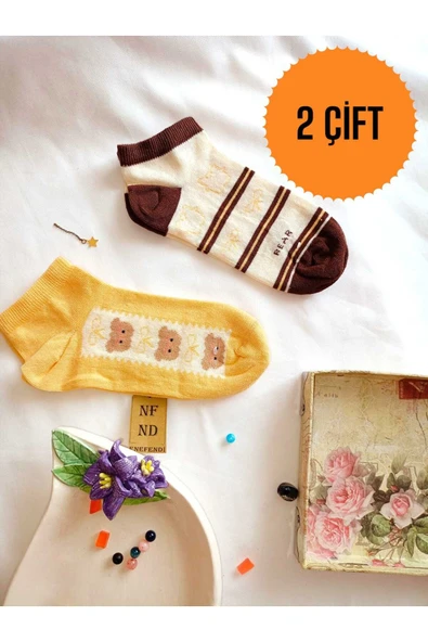 2 ÇİFT ÇORAP PAMUKLU BURUN DİKİŞSİZ KISA KONÇ PATİK DESENLİ KADIN ÇORABI 36-40 KAHVE KREM SARI ürün görseli 1