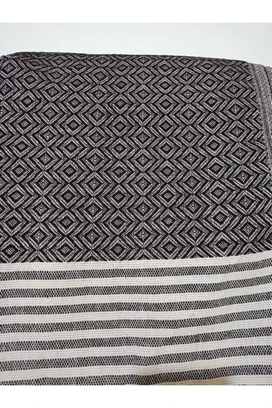 Koltuk Çekyat Örtüsü Krem Siyah Pamuklu Naturel Kolları Kaplayan Püsküllü Büyük Boy 180 x 300 - Resim 3