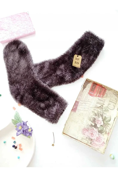 Tüylü Çorap 2 Çift Kışlık Termal Patik Erkek Kadın Dikişsiz Ev-parti Çorabı Vizon Füme 36-41. - Resim 3