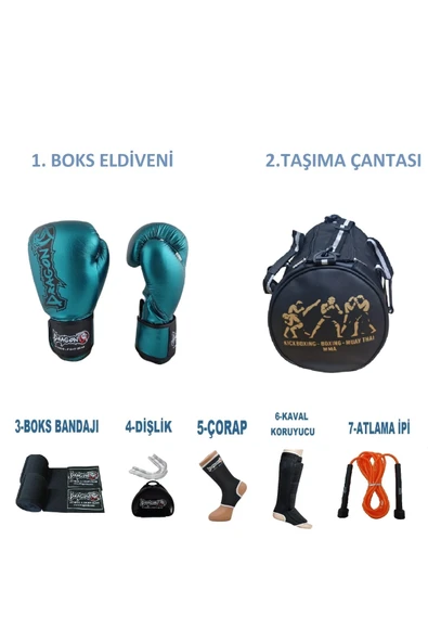 Kıck Boks, Boks, Muay Thai Sporcu Çantalı Antrenman Seti, Dragon Favela Turkuaz Boks Eldiveni Tamset ürün görseli 1