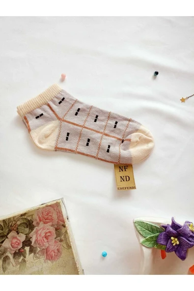 3 ÇİFT PAMUKLU PATİK ÇORAP BURUN DİKİŞSİZ KISA KONÇ DESENLİ KADIN ÇORABI 36-40 KREM BEYAZ - Resim 7