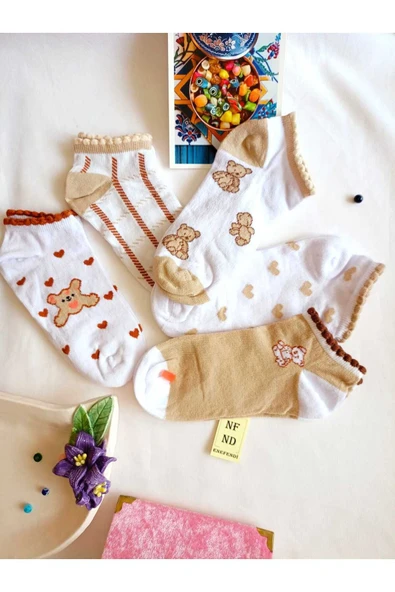 3 ÇİFT PATİK ÇORAP DİKİŞSİZ KADIN PAMUKLU KISA KONÇ DESENLİ ÇORABI 36-40 KAHVE BEYAZ - Resim 8