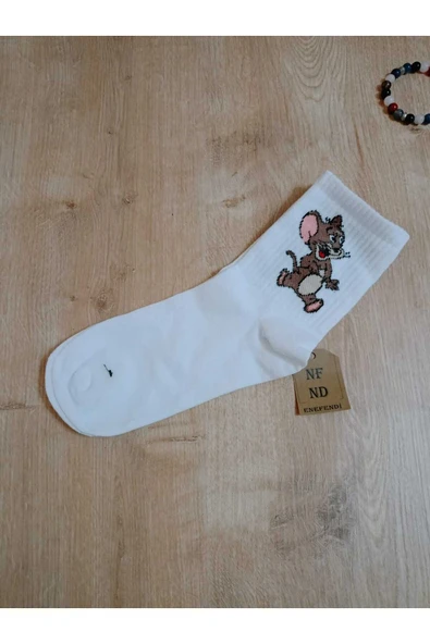 Jerry Hayvan Desenli Pamuklu Çorap Arakonç Kadın Beyaz Soket Dikişsiz Çorap 36-40 - Resim 2