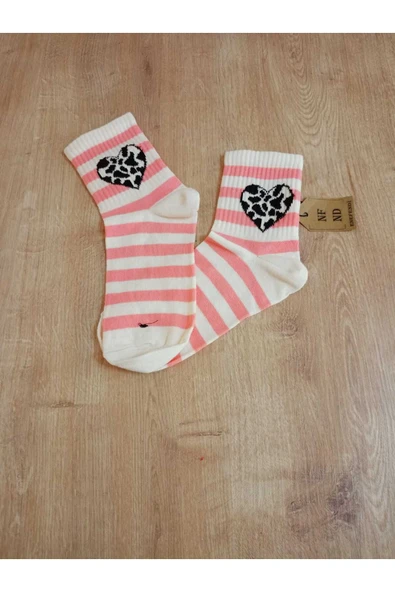 KALP DESENLİ PAMUKLU YUMUŞAK ÇORAP ARAKONÇ KADIN KREM PEMBE SOKET ÇORABI 36-40 - Resim 2