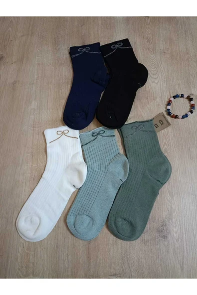 KURDELE TAŞLI LASTİKSİZ KOKULU LİKRALI KISAKONÇ  ÇORAP DİKİŞSİZ PAMUKLU EKRU KADIN ÇORABI 36-40 - Resim 3