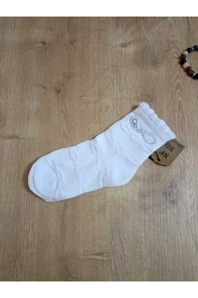 TAŞLI PAMUKLU KIZ ÇOCUK KISAKONÇ ÇORAP BEYAZ YUMUŞAK SOKET KIZ ÇOCUK ÇORABI 5-6 Y - Resim 3