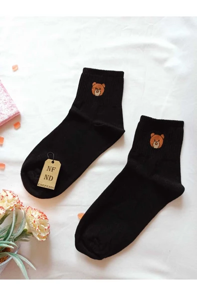 2 ÇİFT PAMUKLU KOKULU TEDDY KADIN ÇORAP YUMUŞAK DİKİŞSİZ AYICIK DESEN EKRU VE SİYAH ARA KONÇ 36 40 - Resim 2