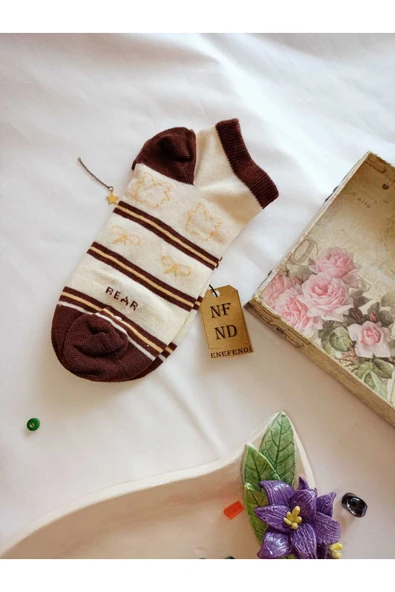 2 ÇİFT ÇORAP PAMUKLU BURUN DİKİŞSİZ KISA KONÇ PATİK DESENLİ KADIN ÇORABI 36-40 KAHVE KREM SARI - Resim 6