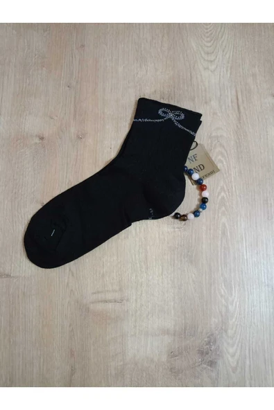 KURDELE TAŞLI LASTİKSİZ KOKULU LİKRALI KISAKONÇ  ÇORAP DİKİŞSİZ PAMUKLU SİYAH KADIN ÇORABI 3640 - Resim 4