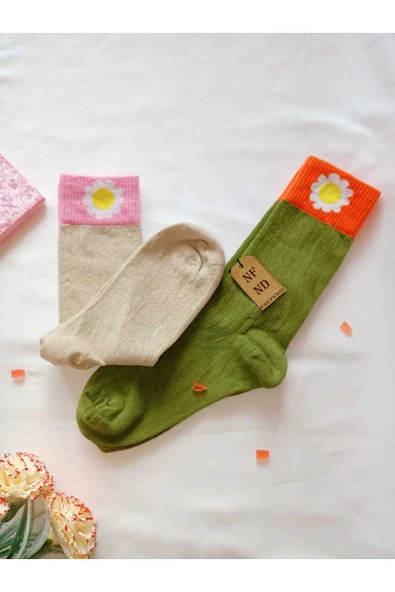 2 ÇİFT PAPATYA PAMUKLU KOKULU KADIN ÇORAP YUMUŞAK DİKİŞSİZ YEŞİL KAHVE SOKET 36 40 - Resim 3