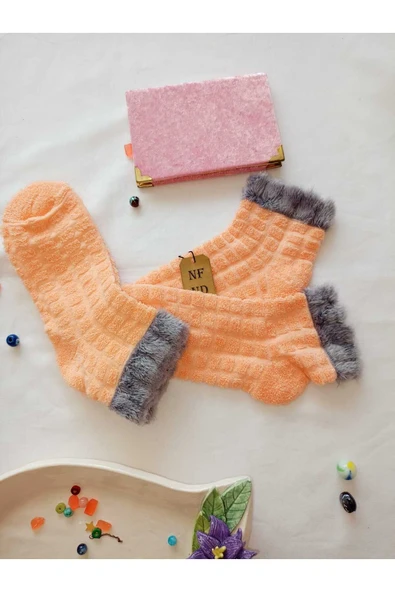 2 ÇİFT TAY TÜYÜ TERS HAVLU PATİK ÇORABI KABARTMALI KOKULU YILBAŞI HEDİYE TURUNCU SİYAH 36-40 - Resim 3