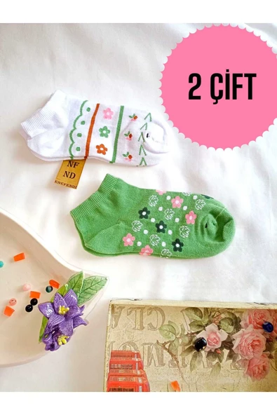 2 ÇİFT KADIN ÇORABI PATİK PAMUKLU KISA KONÇ BURUN DİKİŞSİZ ÇORAP 36-40 YEŞİL PEMBE ÇİÇEK ürün görseli 1