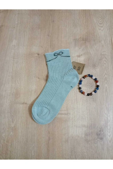 KURDELE TAŞLI LASTİKSİZ KOKULU LİKRALI KISAKONÇ  ÇORAP DİKİŞSİZ PAMUKLU AÇIKYEŞİL KADIN ÇORABI ürün görseli 1