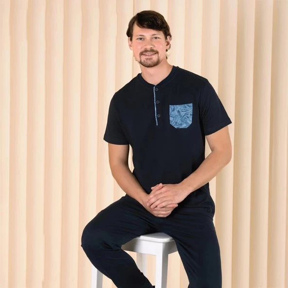 Over Sleep 221 Erkek Pamuk Kısa Kol Pijama Takım - Resim 2