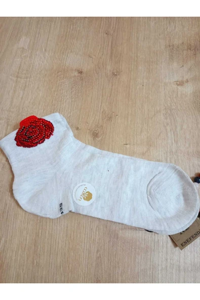 BURUN DİKİŞSİZ PAMUKLU GÜLTAŞLI KOKULU  LİKRALI KISAKONÇ ÇORAP AÇIKGRİ KADIN ÇORABI 36-40 - Resim 4