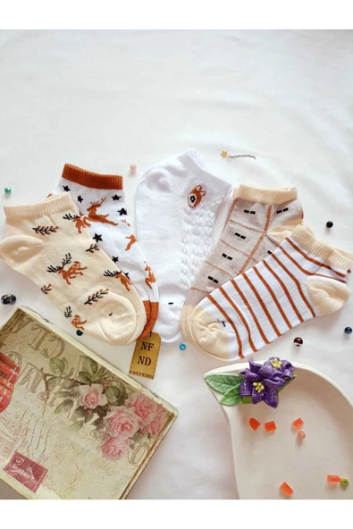 2 ÇİFT PATİK ÇORAP DİKİŞSİZ PAMUKLU KISA KONÇ DESENLİ KADIN ÇORABI 36-40 BEYAZ KAHVE ÇİZGİLİ - Resim 8