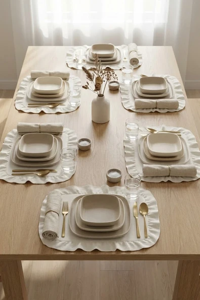 Pamuklu Fırfırlı Kendinden Çizgili Kare Supla 6'lı Set Amerikan Servis 33 Cm Çap Supla - Resim 4