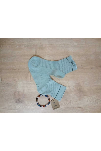 KURDELE TAŞLI LASTİKSİZ KOKULU LİKRALI KISAKONÇ  ÇORAP DİKİŞSİZ PAMUKLU AÇIKYEŞİL KADIN ÇORABI - Resim 7