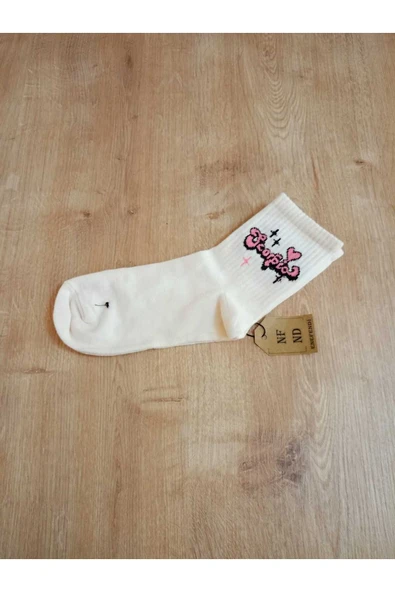 DESENLİ PAMUKLU YUMUŞAK ÇORAP ARAKONÇ KADIN EKRU KREM SOKET ÇORABI 36-40 - Resim 4