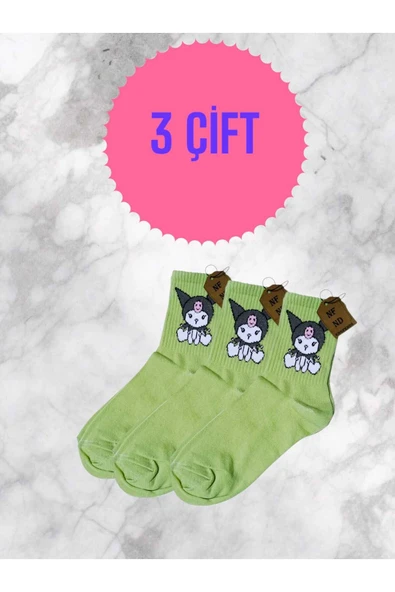 3 ÇİFT KUROMİ SANRİO ÇORAP YUMUŞAK KISA KONÇ DESENLİ 36-40 YEŞİL RENK ürün görseli 1