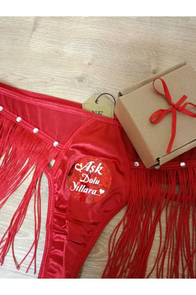 Kırmızı Taşlı Püsküllü Saçaklı Yılbaşı Noel Külot-tanga Iççamaşırı 38 40 Beden - Resim 4