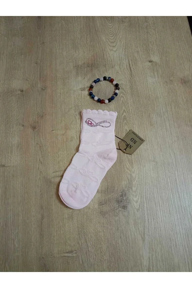 TAŞLI PAMUKLU KIZ ÇOCUK KISAKONÇ ÇORAP UÇUKPEMBE YUMUŞAK SOKET KIZ ÇOCUK ÇORABI 5-6 Y ürün görseli 1