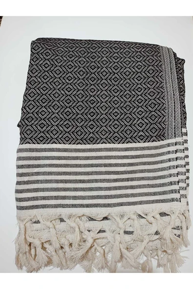 Koltuk Çekyat Örtüsü Krem Siyah Pamuklu Naturel Kolları Kaplayan Püsküllü Büyük Boy 180 x 300 - Resim 2