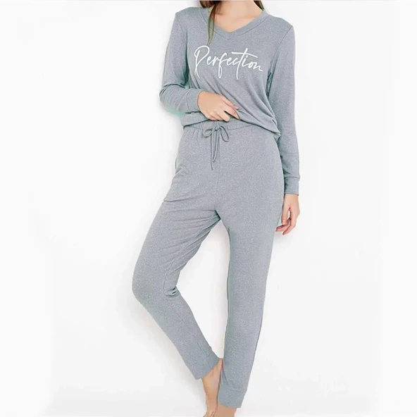 Confeo 840-619 Kadın Kışlık Uzun Kol Nakışlı V-Yaka Pijama Takım - Resim 2