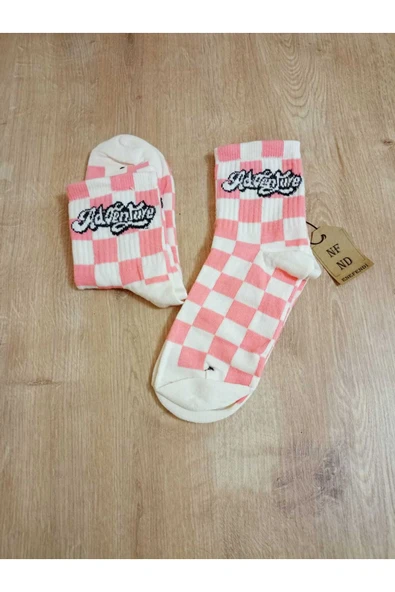 PEMBE KARE DESENLİ PAMUKLU YUMUŞAK ÇORAP ARAKONÇ KADIN KREM PEMBE SOKET ÇORABI 36-40 - Resim 2