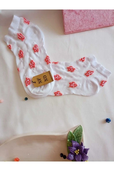 2 ÇİFT ÇORAP PAMUKLU BURUN DİKİŞSİZ KISA KONÇ PATİK DESENLİ KADIN ÇORABI 36-40 BEYAZ KIRMIZI - Resim 6