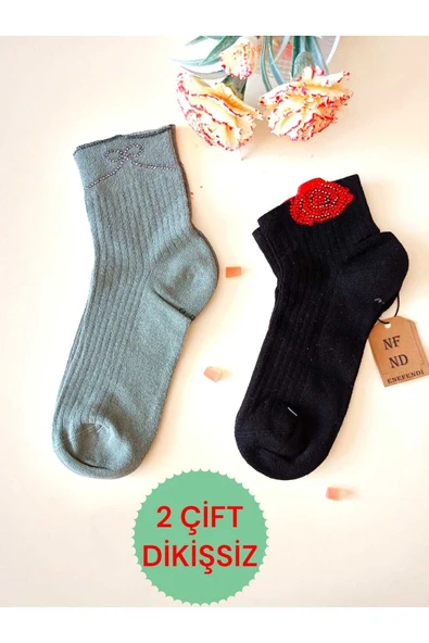 2 ÇİFT PAMUKLU BURUN DİKİŞSİZ GÜLTAŞLI KOKULU LİKRALI KISAKONÇ ÇORAP YEŞİL SİYAH KADIN ÇORABI 36-40 ürün görseli 1