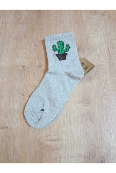 Dikişsiz Kaktüs Desenli Pamuklu Yumuşak Çorap Kaktüslü Arakonç Kadın Gri Soket Çorabı 36-40 ürün görseli 1