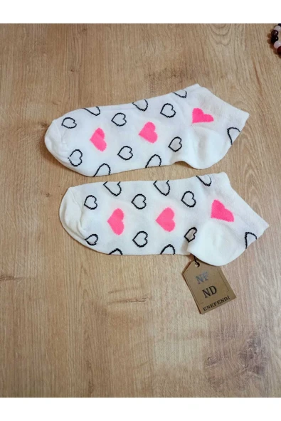 2 ÇİFT PATİK KALP DESENLİ KALPLİ KADIN ÇORABI PAMUKLU KISAKONÇ SİYAH BEYAZ ÇORAP 36-40 - Resim 3