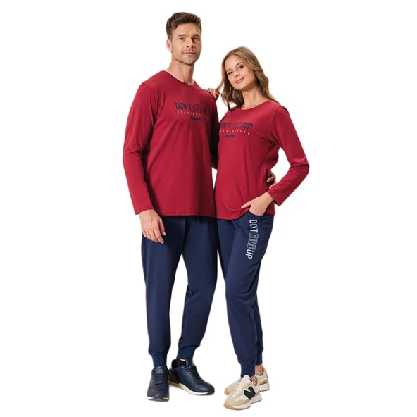 Over Sleep 2198 Erkek Kışlık Eşli Süprem (Pamuk) Yuvarlak Yaka Pijama Takım - Resim 2